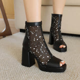 White Polka Dot Mesh Peep Toe Chunky Block Heel Platform Back Zipper Ankle Sandal Boots for Women