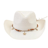Women Men Straw Cowgirl Hat Starfish Shell Decor Western Panama Jazz Hat Summer Sun Hat for Travel Beach