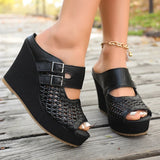 Hollow Out Chunky Wedges Sandals Women Fashion Buckle Peep Toe Super High Heels Sandals Woman Plus Size 43 Platform Slippers