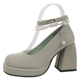 10cm Super High Heels Mary Jane Shoes Women Fashion Patent Leather Platform Pumps Woman Pearls Chain Ankle Strap Party Shoes