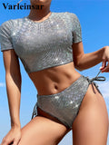 Plaid Cross Back Short Sleeve Bikini Women Swimwear Female Swimsuit Two-Pieces Bikini Set Bather Bathing Suit Swim Lady V4395