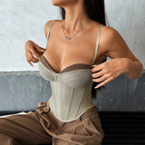 Fashion Retro Gray Splicing Tank Top Women Sexy Patchwork Slim Fit Fishbone Corset Elegant Bustier Hot Girl Party Club Tops Vest
