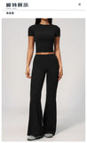 Creamy 2 Pieces Workout Suit Women Yoga Outfits Short Sleeve O Neck Slim Sports T Shirts High Waist Flare Pants Gym Fitness Sets
