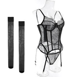 Toucheart Erotic Lingerie Set Women Romantic Tight Fishbone Bra Heavy Industry Lacemesh Hollow Splicing Garter Belt Andstockings