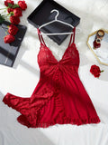 Summer Nightdress Women's Sexy Transparent Red Lace See Through Underwear Sleepwear Sleep Dress and Panty Sets Nighty