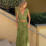 FDYOUI Sexy V-neck Lace Patchwork T-shirt Tops+Long Skirt 2 Piece Set Women's Summer Green Holiday Party Dress Suit Streetwear