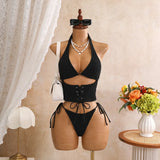 Sexy Pink Plaid Print Bikini Set 2026 Women Bandage Cross Fishbone Top 3 Piece Swimsuit Summer Bathing Suit Holiday Swimwear