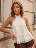 Women Solid Color Halter Top Sleeveless Tops Backless Lace Patchwork Summer Vest for Club Party