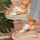 Plus Size Lace Up Chunky Platform Sandals Women 2026 Summer Peep Toe Wedges Sandals Woman Rivets Thick Bottom Gold Sandalias