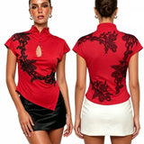 Women's Cheongsam Tops Mock Neck Short Sleeve Lace Patchwork  Blouse Chinese Style Keyhole Summer Shirts