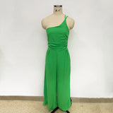 Foridol Waist Folds Backless Double Strap Casual Wide Leg Jumpsuit Long Pants Green 2025 New Female Loose  Jumpsuit