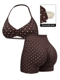 Sexy Black Polka Dot Print Seamless Yoga Sets Women Hanging Neck Pleate Sports Bra Tight High Waist Short Running Fitness Suits