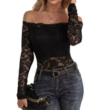 European and American elegant scalloped neckline, off-the-shoulder lace slim fit T-shirt long-sleeved top