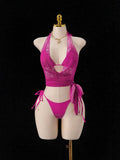 DEKA Sexy Neck Bikini Set Mesh Cover Ups  Women Pink Swimsuit Female Swimwear Shirt Dress Bathing Suit Beachwear Summer