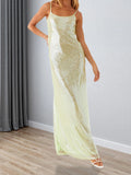 Women Shiny Sequins Dress Summer Draped Backless Spaghetti Strap Party Dress for Vacation Cocktail Beach Streetwear