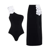 Vintage White Black Patchwork One Piece Swimsuit Long Skirt Set Women Sexy 3D Flower Bandeau Push Up Slim Holiday Swimwear 2025