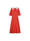 Foridol Red Knitted Polo Dress Autumn Winter Women Dress Casual Elegant Maxi A-line Hollow Out  Dress Slim Christmas Party