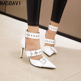 NASBAVI Black Punk Gothic High Heels Sexy Plus Size Pointed Toe Fashion Buckle Rivet Women Pumps Wedding Shoes Stiletto Heels