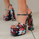 Ethnic Bohemia Sandals Women 2026 Summer Shoes Flower Print Ankle Strap Platform Block High Heels Crystal Pearl Studded