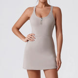 Front Zipper Tennis Dresses Women Summer Sleeveless Sports Athletic Dress Outdoor Cross Backless Pocket Short Workout Skirts