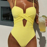 DEAK Sexy Yellow Hollowed Out One Piece Swimsuit For Women Cross Swimwear Female Drawstring Bodysuit Bathing Suit Beachwear