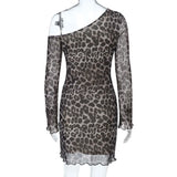Spring Summer Off-Shoulder Sexy Leopard Print Long-Sleeve Dress European-Style Casual Backless Bell-Sleeve Mini Skirt Streetwear