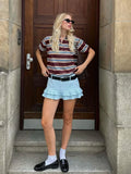 Foridol Burgundy Striped Casual Women T-shirt Summer Loose Polo Shirts Buttons New Female Tops Blouse White Tops Spring Shirt