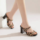 Fashion Leopard Print Square Heel Slippers Summer New Square Toe Metal Buckle Non-slip Wear-resistant Kitten Heel Shoes