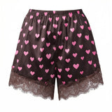 Summer Women’s Satin Lace Hem Shorts Elastic Waist Loose Fit Wide Leg Short Pants Casual Lounge Bottoms Solid Color