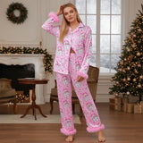 Women Satin Christmas Pajamas Sets Long Sleeve Santa Claus Print Tops with Elastic Waist Pants Two Pieces Sleepwear