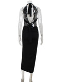 Ahagaga Fashion Halter Women's Maxi Dresses Solid Deep V-Neck Sleeveless Blackless Bandage Sheath Bodycon Party Vestidos Robes