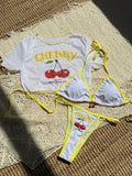 Cherry Print Mesh Short Sleeve Bikini Female Swimsuit Women Swimwear Three-pieces Bikini Set Micro Bathing Suit Swim Beachwear