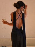 Ahagaga Sexy Lace Women's Party Long Dresses Slim V-neck Solid Blackless Mesh Sleeveless Camisole Sheath Regular Vestidos Robes