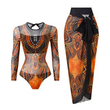 S - XXL Printed Long Sleeve With Sarong One Piece Swimsuit Women Swimwear Female Flowers Padded Bather Bathing Suit Swim K7181