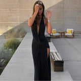 Temperament Halter Neck Party Dresses Women Sexy Deep V-neck Backless Package Hip Slit Dress Hot Girls Club Banquet Vestidos