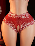 Contrast Color Lace Sexy Lingerie, Semi Transparent Open Chest Bra & Crotchless Pantt Sets, Perfect For Romantic Scenes Outfits