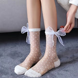 Womens Mesh Sheer Socks Breathable Decorative Bow Dots Design Casual Mid Calf Socks for Summer