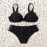 Solid Color Black Two Piece Swimsuit for Women Sexy Underwire V-neck Suspender Backless Bikini Set High Waist Beach Swimwear