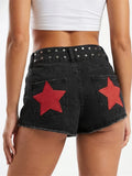 Summer Women Denim Shorts with Stars Patch Pockets Riveted Waisted Slim Fit Jeans Shorts Daily Casual Hot Short Pants Streetwear