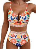 Women Sexy Floral Bikini High Waist Tummy Control Floral Bikini U Line Cross Back Padded Bikini Two Piece Beach Swimsuit