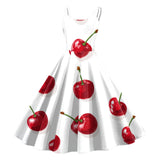 Vintage Fruit Print Dress For Women Elegant High Waist A Line Swing Dress Rockabilly 60s 50s Retro Spaghetti Strap Maxi Robe