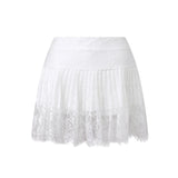 Women Solid Color Patchwork Lace Mini Skirt High Rise A-line Short Pleated Skirts Casual Summer Streetwear