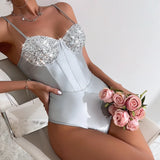 Shiny Sequins Silver Patchwork Bodysuit Women PU Leather Fishbone Rompers Hanging Neck Underwired Slimming Bodycon Bodysuit