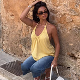 FDYOUI Woman Clothing Halter Neck Backless Camisoles Streetwear 2026 Summer Girls Sexy Lace-up Off Shoulder Yellow Tank Tops