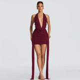 FDYOUI Elegant Halter Neck Water Drop Decoration Party Club Dress for Women 2026 Backless Bandage Folds Short Evening Dresses