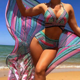 2026 Summer Women's 3 Pieces Swimsuit Crochet Bikini Set+Cover-Up Long Shawl Sun-proof Twist Swimwear Push Up High Waist Bikinis