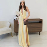 FDYOUI 2026 Summer Deep V-neck Hollow Out Long Maxi Evening Dress Women Chic Backless High Slit Ruched Solid Party Club Dresses