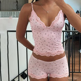 Cute Pink Floral Lace Patchwork Two-piece Pajamas Set for Women Sleepwear Sleeveless Camisoles and Slim Shorts Loungewear