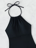2026 Women's Bikini 2-piece Swimwear Tankini Set Sexy Halter Black Bathing Suit  Floral Print Drawstring High Waist Swimsuit