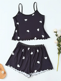 Women's Two-Piece Pajama Sets Summer Sleepwear Suspender Heart Printed Top and Shorts Casual Home Clothes Loungewear